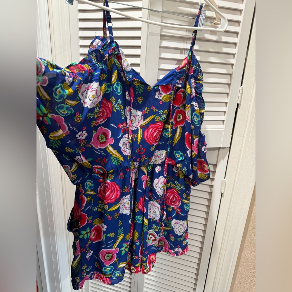 Floral Blue Romper with Pink and Green Accents
